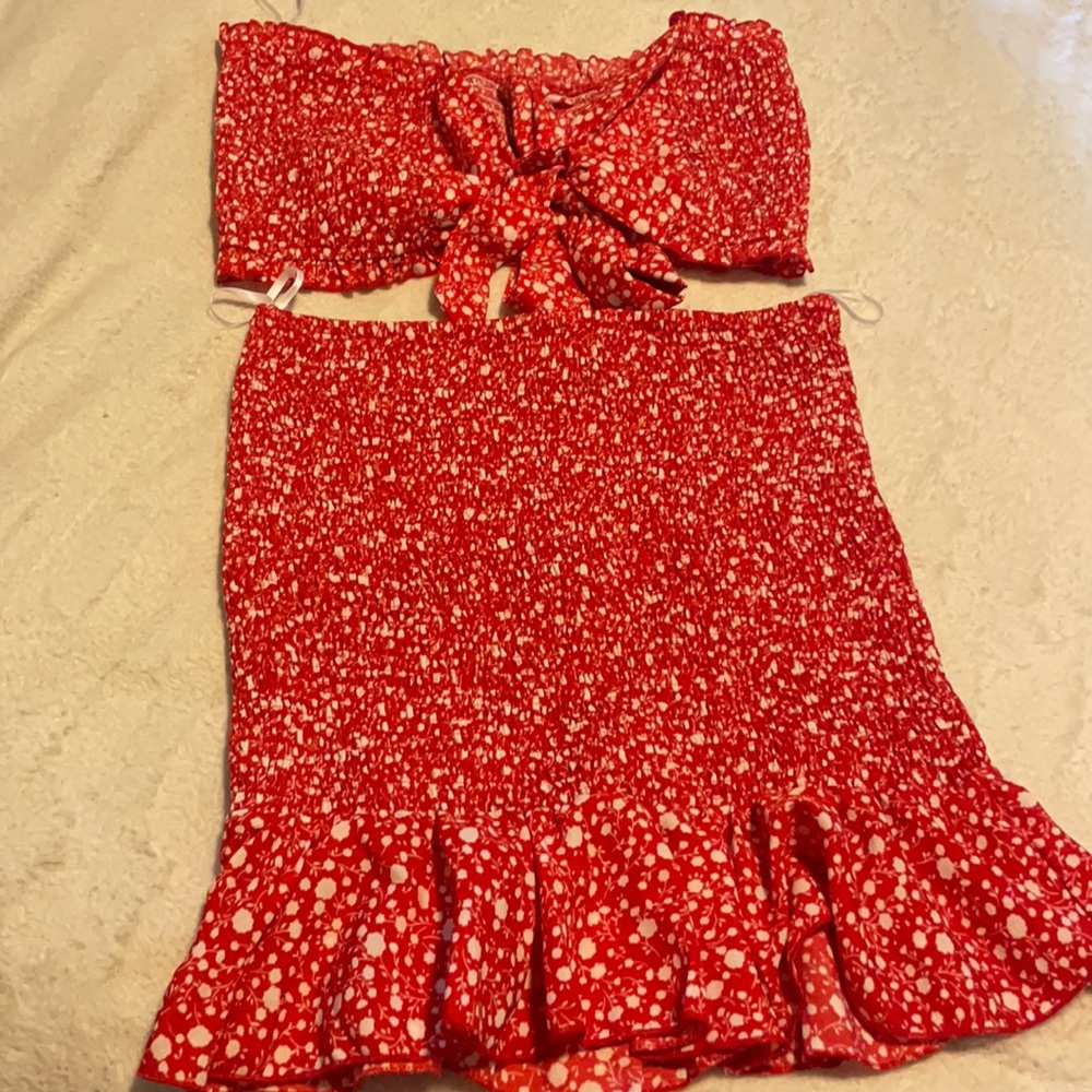 Two Piece Bandeau Tie Top & Skirt Set